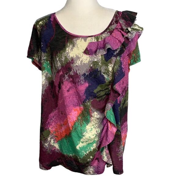 Lane Bryant Multicolor Asymmetrical Ruffle Short Sleeve Top Size 18/20 - Picture 1 of 4
